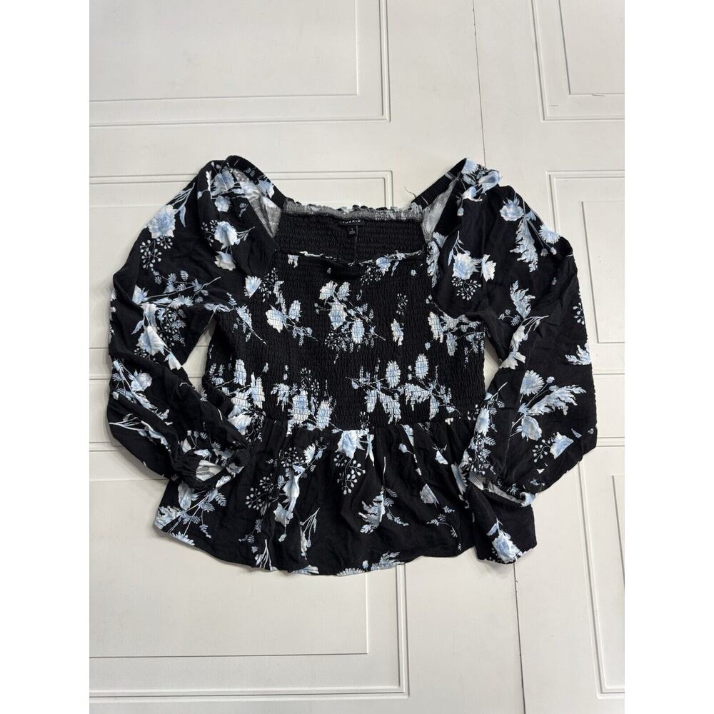 Torrid Blue on Black Floral Square Neck Long Sleeve Shirred Top Size 1 XXL